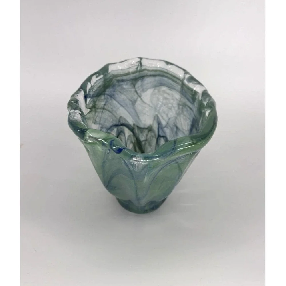 Murano Italy Hand Blown Art Glass Decorative Centerpiece Bowl Blue Green Wavy